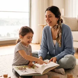 Çocuk bakıcısı küçük bir kızla kitap okuyor