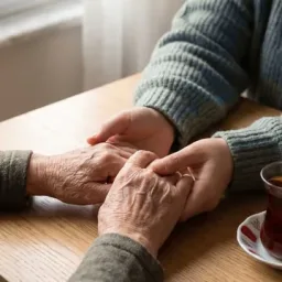 Refakatçinin yaşlı bir kadının ellerini tuttuğu an